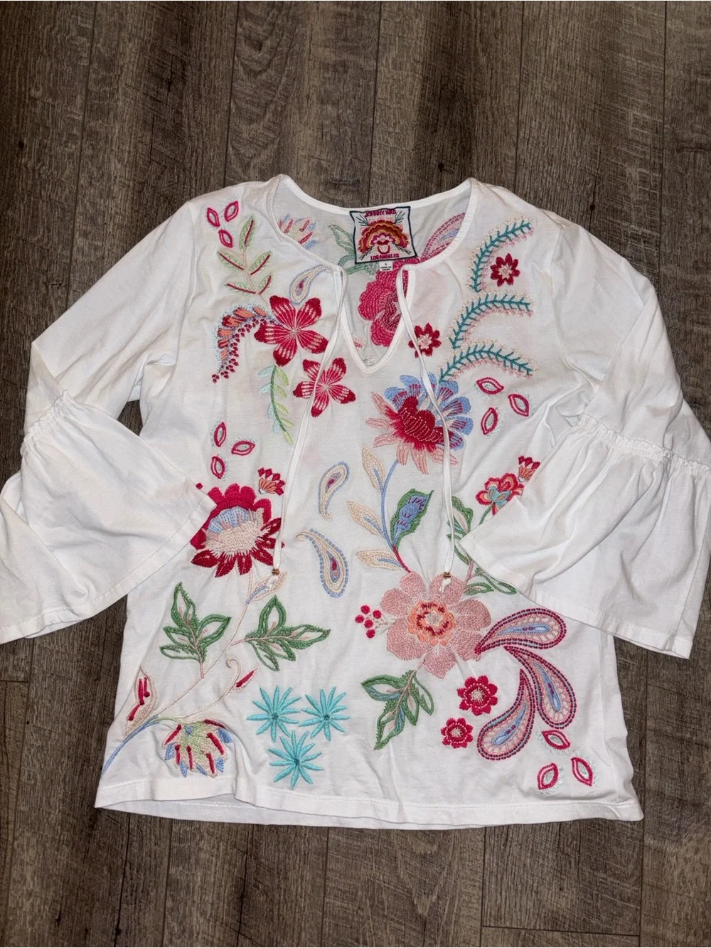 Johnny Was Embroidered Flounce Sleeve Top - Picture 4 of 7